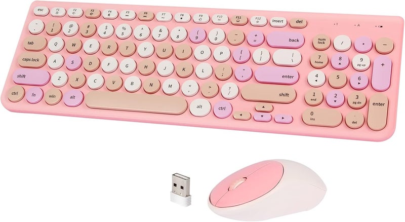 GUKJOB Wireless Keyboard and Mouse Combo, Retro Typewriter Keyboard with Round Keycaps, 2.4GHz USB Cute Wireless Keyboard Mouse for Computer, Desktop, Laptop and Computer (Pink-Colorful) - Image 1